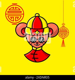 Bonne année chinoise. Ensemble de souris mignonne de dessin animé avec costume chinois traditionnel. L'année du rat vecteur Illustration de Vecteur