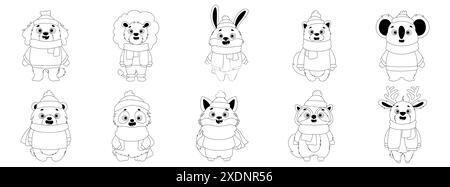 Coloriage noir et blanc d'animaux mignons en vêtements d'hiver, avec foulards et chapeaux, idéal pour les activités des enfants. Illustration de Vecteur
