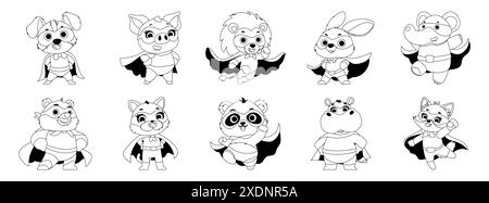 Coloriage noir et blanc avec d'adorables super-héros animaux portant des capes et des masques, parfait pour les activités des enfants. Illustration de Vecteur