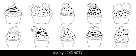 Coloriage noir et blanc avec divers cupcakes avec différentes garnitures, parfait pour les activités créatives des enfants. Illustration de Vecteur