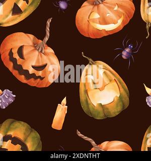 Motif Halloween sans couture. citrouilles orange vif aux visages sculptés, avec des bougies orange et violettes et des araignées venimeuses. Fond sombre. aquarelle Banque D'Images