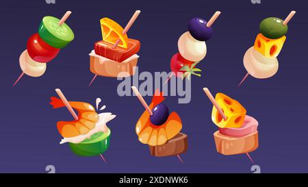 Nourriture avec les doigts sur une brochette de cure-dents. Ensemble vectoriel de dessin animé d'apéritif de canapé pour le menu buffet. Petit sandwich entrée avec fromage et olives, fruits de mer et légumes. Collection de tapas pour l'apéritif. Illustration de Vecteur