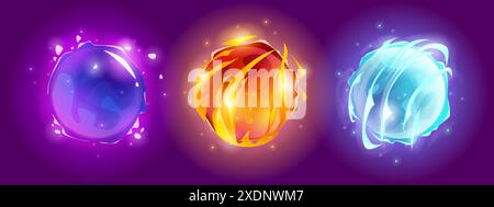 Planètes de couleur néon magique isolées sur fond. Illustration vectorielle de dessins animés de globes spatiaux brillants avec des particules chatoyantes, de la glace et de la surface de feu, des éléments de conception de jeu d'aventure de galaxie cosmique Illustration de Vecteur
