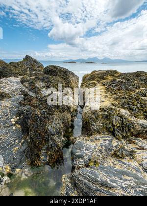 Les Paps de montagne du Jura sont visibles à l'horizon depuis la plage de Port a Chapuill sur l'île voisine de Colonsay dans les Hébrides intérieures, en Écosse, au Royaume-Uni Banque D'Images