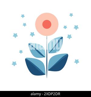 icône de branche géométrique avec de petites feuilles et une fleur, sur fond blanc. Illustration de Vecteur