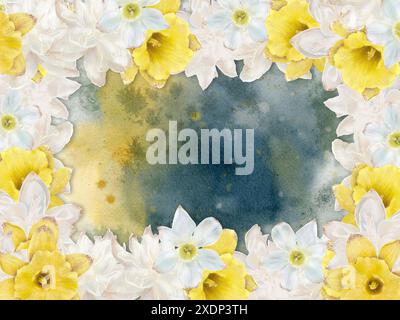 Bordure florale avec des fleurs jaunes et blanches sur fond d'aquarelle, créant un design charmant avec des couleurs vibrantes, pour la conception d'un livret, flyer, e-pack, étiquette ou publicité. Numérique Banque D'Images