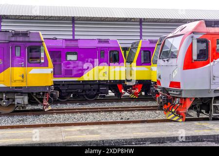 Vue latérale de la locomotive de tête du quai de la gare et du train de banlieue dans le stationnement de la ligne. Gare de triage de plusieurs locomotives diesel. Banque D'Images