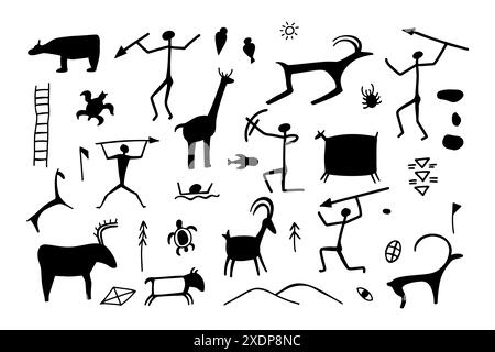 Silhouettes de grottes des premiers humains, accompagnées de chevaux, de cerfs et de taureaux, capturées dans le style des peintures rupestres anciennes. Dessin préhistorique Illustration de Vecteur