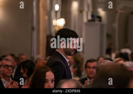 Madrid, Espagne. 24 juin 2024. Pablo Bustinduy, ministre des droits sociaux, de la consommation et de l'Agenda 2030 du gouvernement espagnol, participe ce matin à Madrid à un petit-déjeuner informatif. Crédit : D. Canales Carvajal/Alamy Live News Banque D'Images