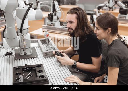 Programme de robotique industrielle étudiants universitaires apprenant l'éducation assemblage mécanique avec robot Universal Training Platform simulation de bras de robot mod Banque D'Images