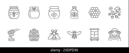 Jeu d'icônes de ligne de miel. Nid d'abeille, ruche d'abeille, apiculteur, illustration vectorielle de contour de propolis. Pictogramme linéaire pour rucher. Contour modifiable Illustration de Vecteur