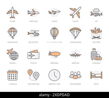 Icônes de ligne plate de l'avion définies. Avion, hélicoptère, taxi aérien, parachutisme, ballon, aero tube, illustration du vecteur de parapente. Signes minces pour le plan Illustration de Vecteur