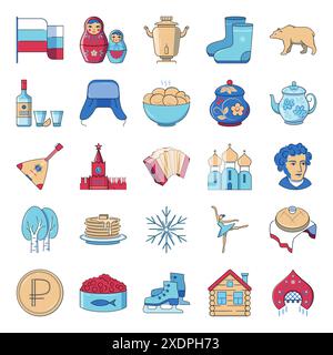Jeu d'icônes plates de symboles russes. Traditions, cuisine et culture russes. Illustration vectorielle. Illustration de Vecteur