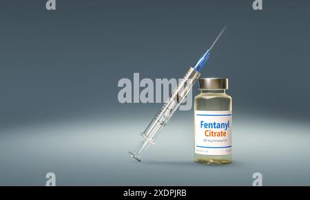 Gros plan de flacon de citrate de fentanyl seringue fond sombre, concept de dépendance. rendu 3d. Banque D'Images