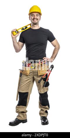 Joyeux niveau de casque de travailleur caucasien, fond transparent isolé Banque D'Images