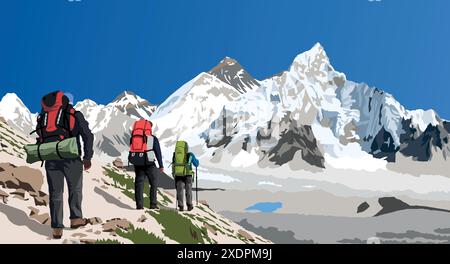 Mont Everest et Nuptse vus de Kala Patthar avec trois randonneurs, illustration vectorielle, Mont Everest 8 848 m, vallée de Khumbu, Népal Himalaya montagne Illustration de Vecteur