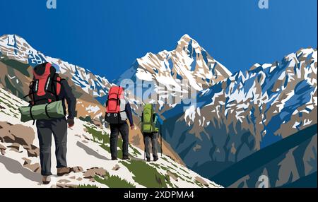 Illustration vectorielle du mont Nanda Devi avec trois randonneurs, l'un des meilleurs monts de l'Himalaya indien, vu de Joshimath Auli, Uttarakhand, Inde, Indi Illustration de Vecteur