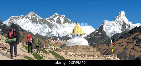 Trois touristes sur le chemin du camp de base du mont Everest et stupa bouddhiste avec des drapeaux de prière, les monts Everest, Ama Dablam et Lhotse comme vu de Khumbu v. Illustration de Vecteur