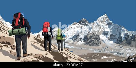 Mont Everest et Nuptse vus de Kala Patthar avec trois randonneurs, illustration vectorielle, Mont Everest 8 848 m, vallée de Khumbu, Népal Himalaya montagne Illustration de Vecteur