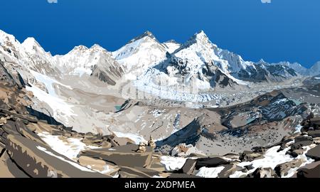 Mont Everest Lhotse et Nuptse du côté du Népal vu du camp de base de Pumori, illustration vectorielle, Mont Everest 8 848 m, vallée de Khumbu, Sagarmatha nati Illustration de Vecteur