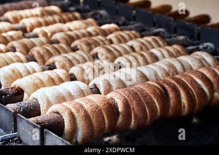 Des rangées de gâteaux de cheminée cuisent sur des charbons chauds, montrant la méthode traditionnelle de préparation de cette pâtisserie européenne Banque D'Images