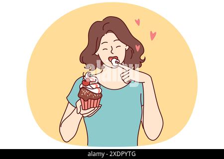 La femme mange un délicieux cupcake, une crème douce au doigt et un dessert appétissant acheté dans une boulangerie artisanale. Belle fille déjeuner avec cupcake avec baies fraîches de la boutique de gâteaux Illustration de Vecteur