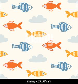 Poisson dessiné à la main Doodles Seamless Pattern Print Illustration de Vecteur