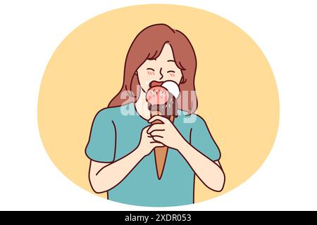 Une adolescente mange de la glace fruitée ou au chocolat pour une fraîcheur optimale par temps chaud en été. Petite fille d'âge scolaire avec glace dans le cône de gaufres aime le goût du lait naturel dessert Illustration de Vecteur