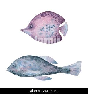 Poissons roses poussiéreux monochromes dans des tons de rubis doux et indigo illustration aquarelle isolée. Animaux marins de formes abstraites en set. Sous l'eau Banque D'Images