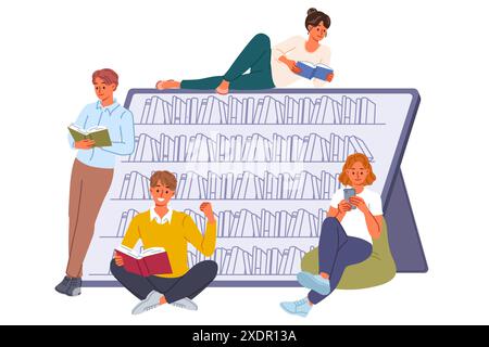 Les étudiants qui visitent la bibliothèque électronique lisent des livres en utilisant des gadgets et des applications avec de la littérature numérique Illustration de Vecteur