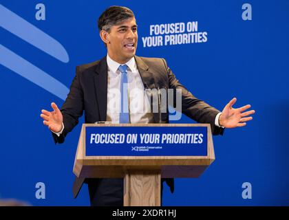 Édimbourg, Écosse. 24 juin 2024. Le premier ministre, Rishi Sunak, prend la parole lors du lancement du manifeste des conservateurs écossais ce matin à Édimbourg crédit : Raymond Davies / Alamy Live News Banque D'Images