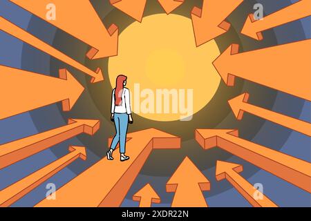 Femme d'affaires suit audacieusement le chemin risqué fait de flèches pointant vers le grand objectif, comme métaphore de la poursuite du succès. Brave Girl surmonte tunnel sur le chemin de la croissance de carrière ou du bonheur personnel Illustration de Vecteur