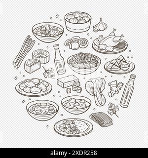 Assiettes chinoises typiques dessinées à la main et ingrédients les plus utilisés dans la cuisine chinoise. Eléments isolés. Illustration vectorielle. Illustration de Vecteur