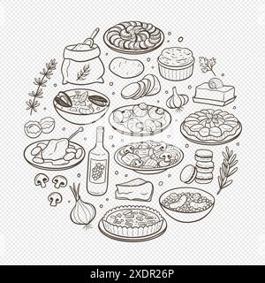 Assiettes typiques françaises dessinées à la main et ingrédients les plus utilisés dans la cuisine française. Eléments isolés. Illustration vectorielle. Illustration de Vecteur