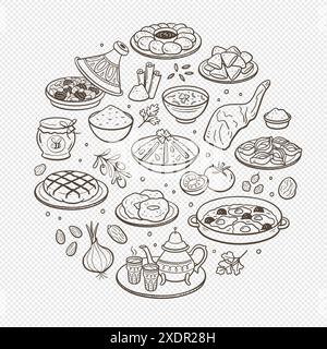 Assiettes typiques dessinées à la main au Maroc et les ingrédients les plus utilisés dans la cuisine marocaine. Eléments isolés. Illustration vectorielle. Illustration de Vecteur