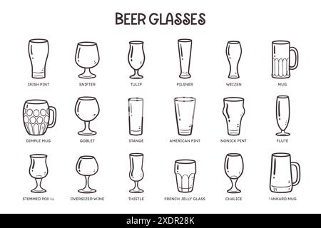 Ensemble d'icônes de verres à bière. 18 différents types de verres à bière. Parfait pour les conceptions de menu de boissons de bière. Icônes vectorielles monochromes dessinées à la main. Illustration de Vecteur