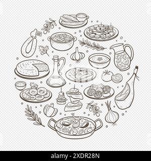 Plats typiques espagnols dessinés à la main et les ingrédients les plus utilisés dans la cuisine espagnole. Eléments isolés. Illustration vectorielle. Illustration de Vecteur