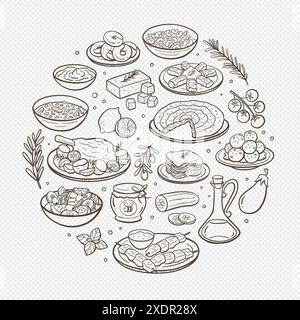 Plats typiques de la cuisine grecque dessinés à la main et les ingrédients les plus utilisés dans la cuisine grecque. Eléments isolés. Illustration vectorielle. Illustration de Vecteur