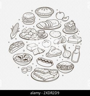 Assiettes typiques nord-américaines dessinées à la main et ingrédients les plus utilisés dans la cuisine américaine. Eléments isolés. Illustration vectorielle. Illustration de Vecteur