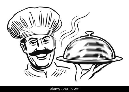 Joyeux chef en chapeau avec plateau avec couvercle, plateau cloche. Illustration vectorielle de concept de nourriture de restaurant. Noir et blanc Illustration de Vecteur