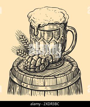 Tasse en verre pleine de boisson ALE mousseuse sur tonneau en bois. Concept de bière. Illustration vectorielle vintage dessinée à la main Illustration de Vecteur