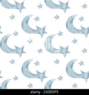 Étoiles de ciel monochromes et motif aquarelle de lune sans couture. Fond abstrait dessiné à la main pour le décor de chambre d'enfants, tissu, design textile, papier d'emballage Banque D'Images