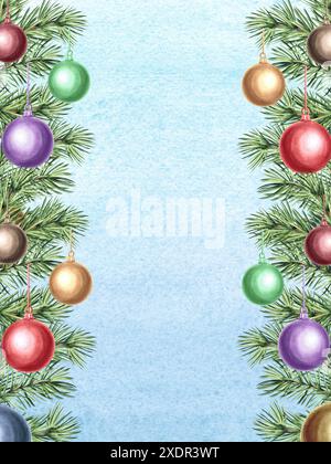 Boules d'arbre de Noël avec des arcs sur la branche d'épicéa. Illustration d'aquarelle dessinée à la main. Noël, nouvel an décoration sur PIN, branche de sapin. Vintage Banque D'Images
