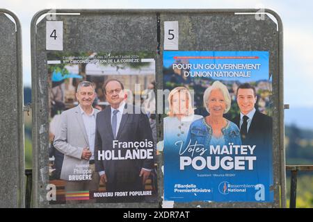 Corrèze, France. 23 et 24 juin 2024. François Hollande candidat aux élections législatives des 30 juin et 7 juillet 2024 en Corrèze. Affiche électorale de l'ancien Président de la République française François Hollande candidat à l'élection de député de la 1ère circonscription du département de la Corrèze. Il fait partie de la coalition électorale 'Nouveau Front populaire'. Élections législatives anticipées suite à la dissolution de l'Assemblée nationale le 9 juin 2024 par Emmanuel Macron. Corrèze, Limousin, France, Europe. Crédit : photo de HM images/Alamy Live News. Banque D'Images