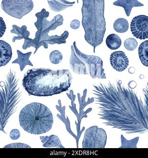 Étoiles de mer, algues, bulles, perles, motif aquarelle monochromatique bleu coquille sans couture isolé sur blanc. Illustration dessinée à la main pour cartes Banque D'Images