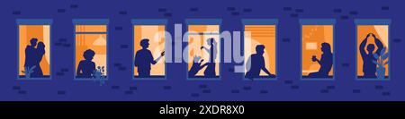 Silhouettes de résidents de maison dans les fenêtres de nuit. Voisins dans les appartements. Couple dans les câlins amoureux. Fille jouant avec le chien. Homme assis à la maison rebord de fenêtre Illustration de Vecteur