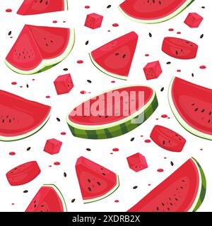 Motif sans couture de pastèque de dessin animé. Fruits juteux. Tranches et cubes frais. Morceaux de baies. Régime végétalien. Nourriture de plage d'été. Éplucher et chair douce avec des graines Illustration de Vecteur