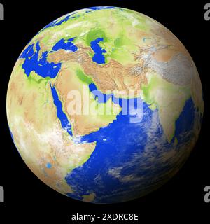 Vue rapprochée de la terre depuis l'espace montrant les Émirats arabes Unis au centre de l'image. Globe qui montre un hémisphère de notre planète. Lumière c Banque D'Images