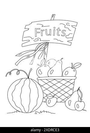 Coloriage mettant en vedette des fruits dans Un panier - pastèque, pommes et poires, est Un soulagement du stress pour les adultes et les enfants Illustration de Vecteur