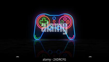 Symbole de néon de jeu. Ampoules de couleur lumineuse de console rétro pour console vidéo de console de jeu. Concept abstrait illustration 3D. Banque D'Images